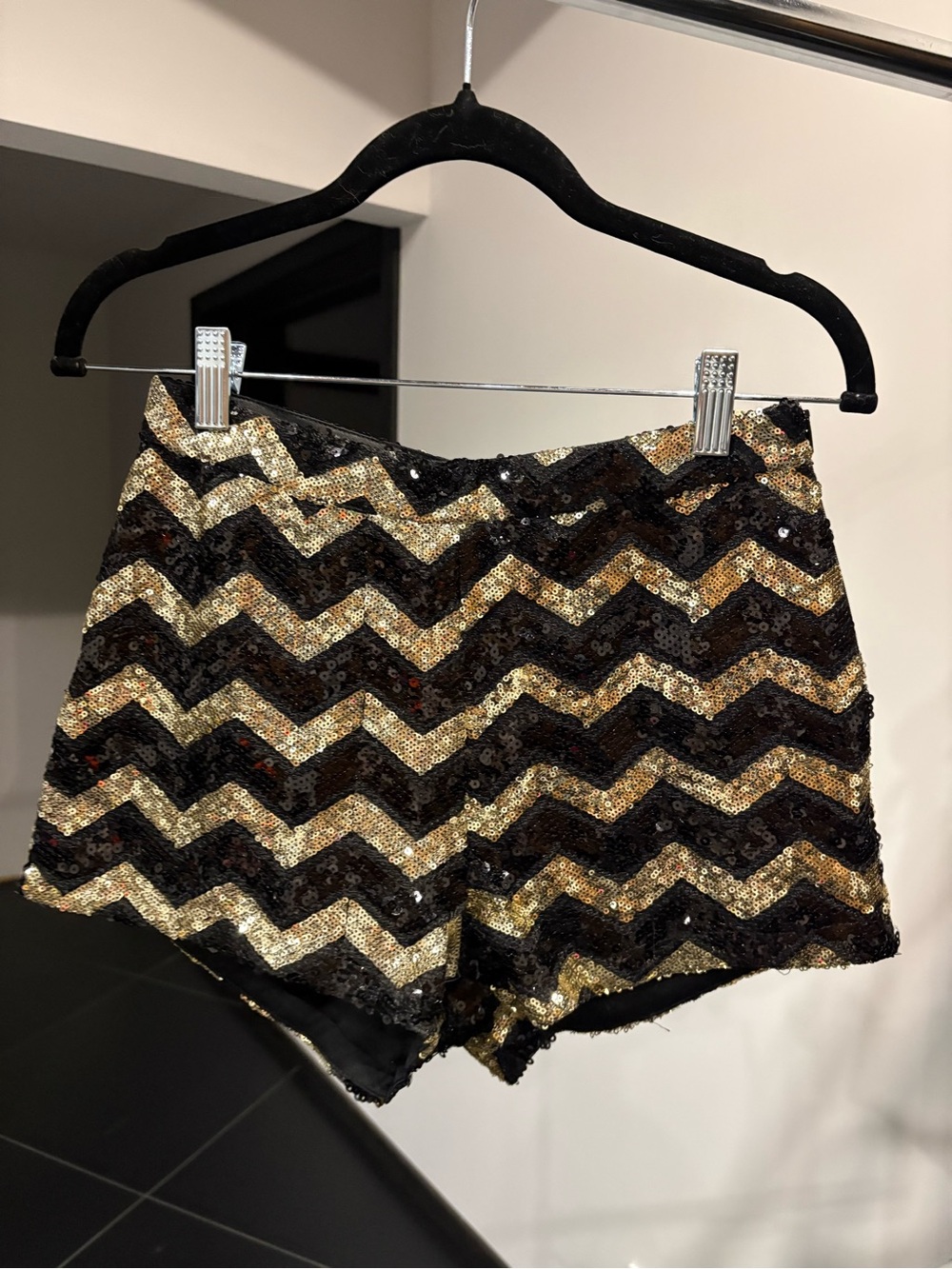 Forever 21 Black & Gold Sequin Chevron High-Waist Shorts